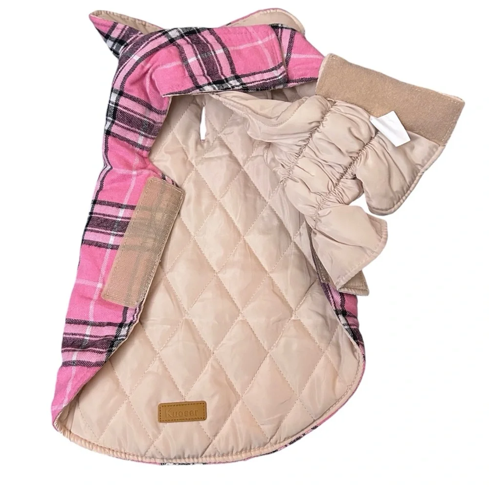 Kuoser Pink Plaid Reversible Quilted Cream Dog Jacket Coat - Size Medium